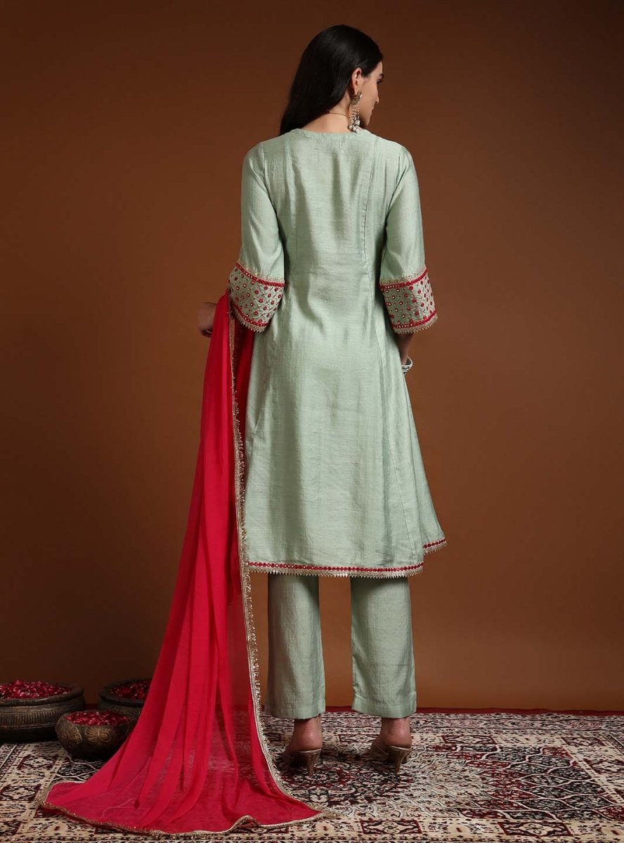Aqua V - neckline A - Line Kurta Set with Lace Embroidery & Dupatta - Mahukaa