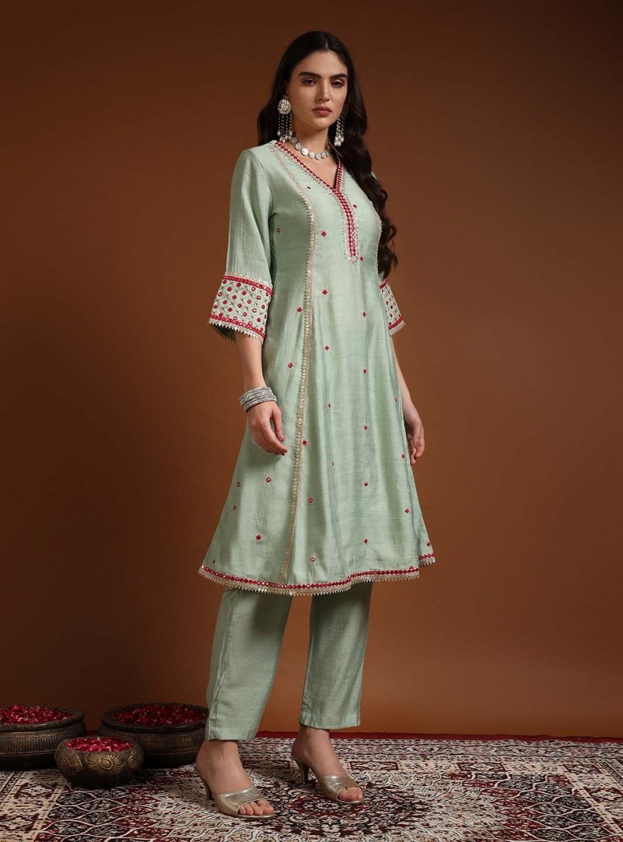 Aqua V - neckline A - Line Kurta Set with Lace Embroidery & Dupatta - Mahukaa