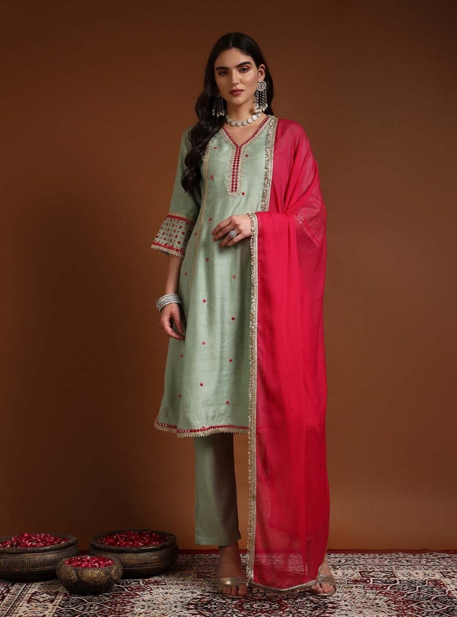 Aqua V - neckline A - Line Kurta Set with Lace Embroidery & Dupatta - Mahukaa