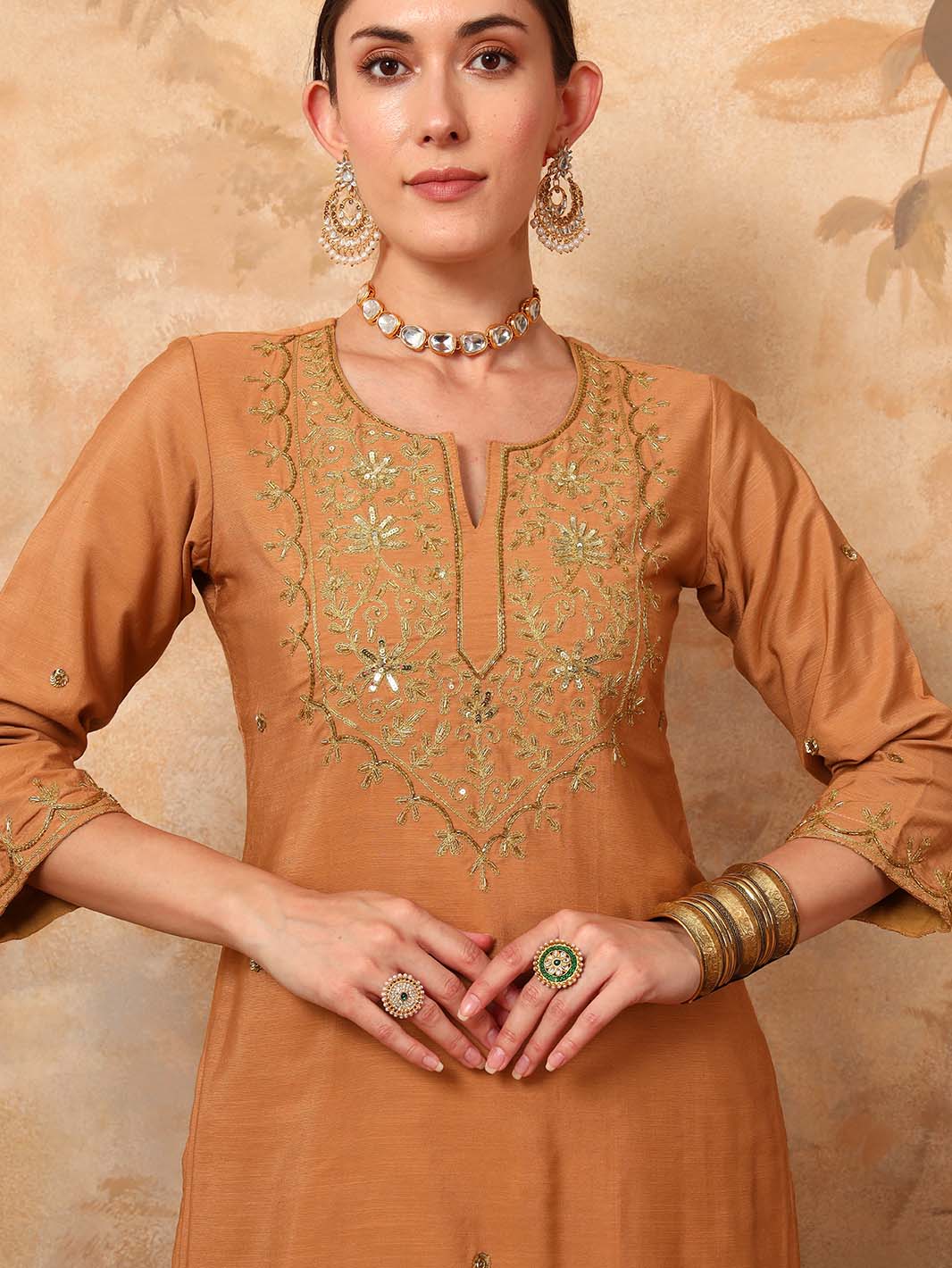 Beige Erode Silk Kurta Set with Sequin Work Chiffon Dupatta - Mahukaa