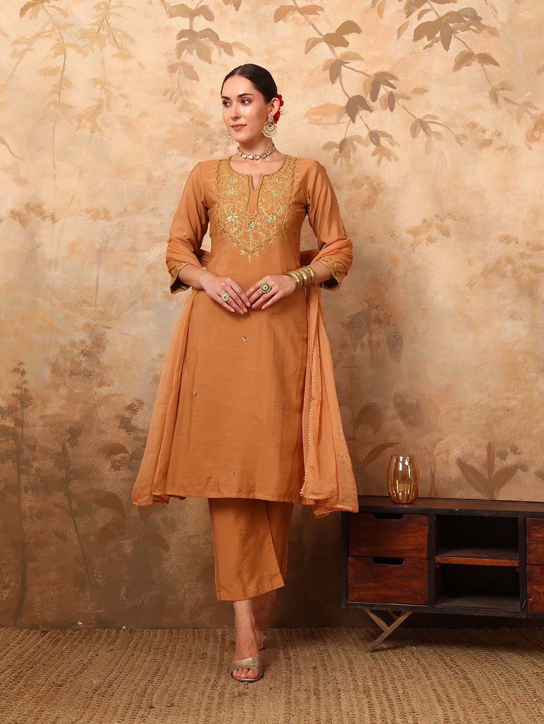 Beige Erode Silk Kurta Set with Sequin Work Chiffon Dupatta - Mahukaa