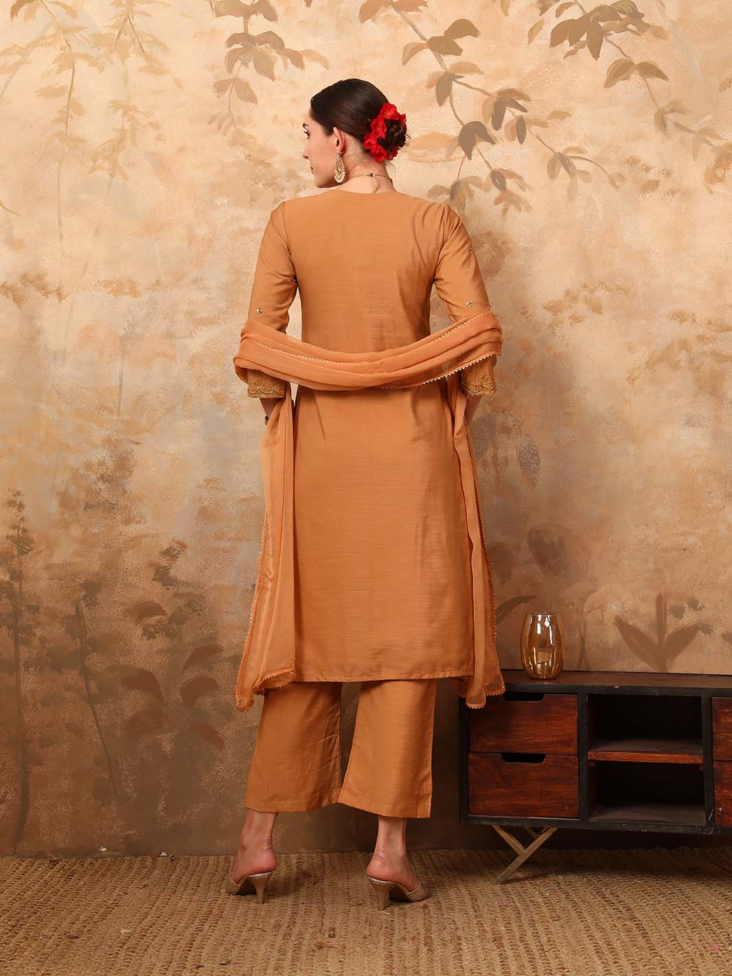 Beige Erode Silk Kurta Set with Sequin Work Chiffon Dupatta - Mahukaa