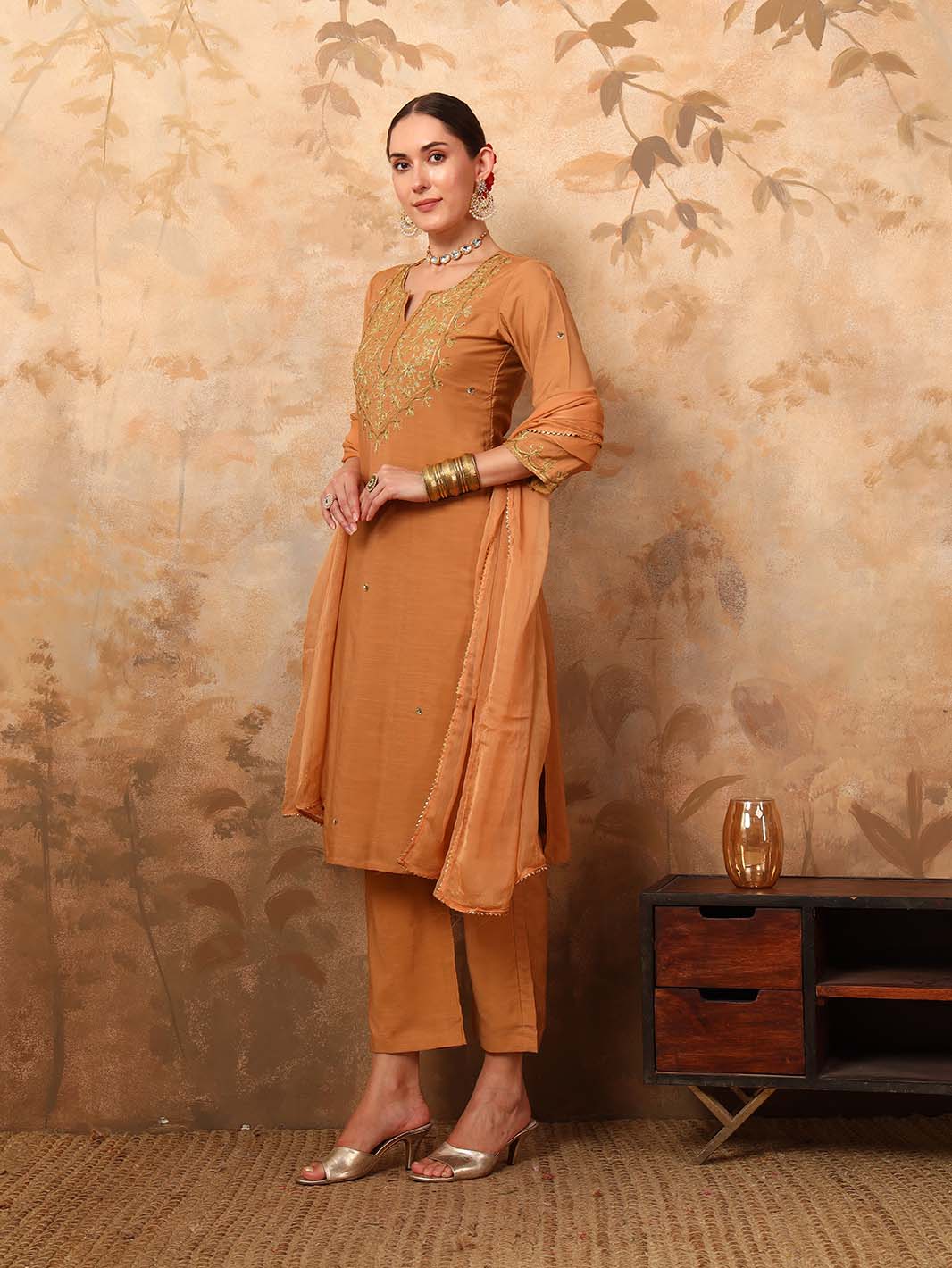 Beige Erode Silk Kurta Set with Sequin Work Chiffon Dupatta - Mahukaa