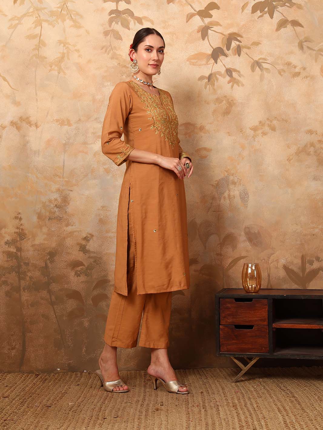 Beige Erode Silk Kurta Set with Sequin Work Chiffon Dupatta - Mahukaa