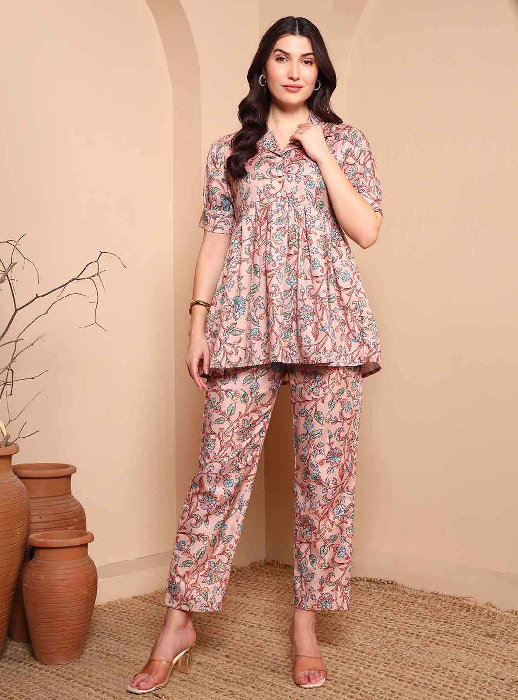 Beige Floral A - Line Co - ord Set with Notch Collar - Mahukaa