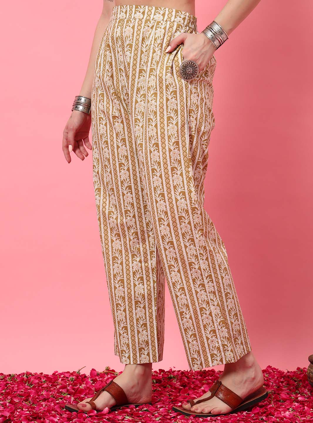 Beige Floral Angrakha Kurta Set with Round V - Neck - Mahukaa