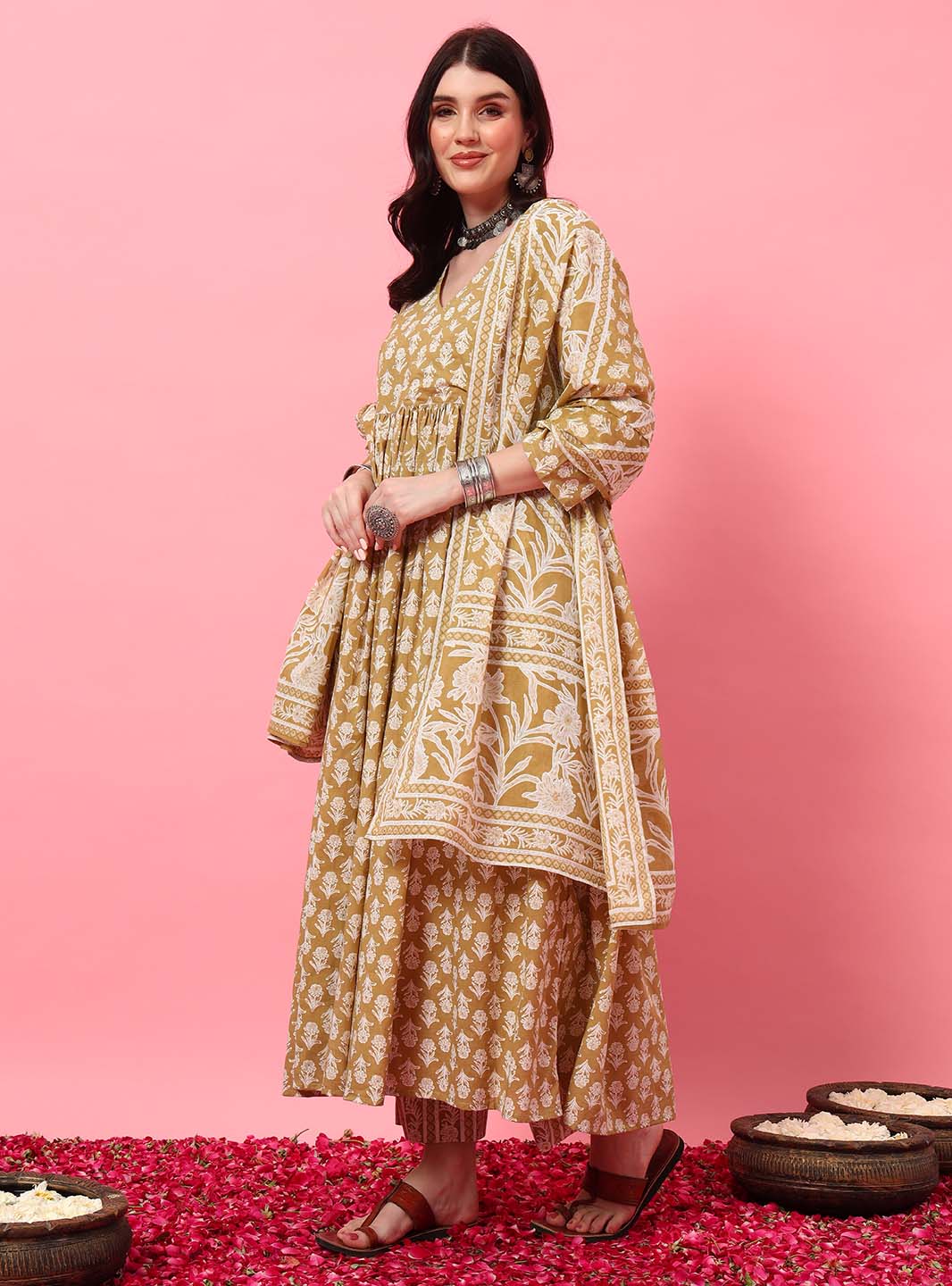 Beige Floral Angrakha Kurta Set with Round V - Neck - Mahukaa