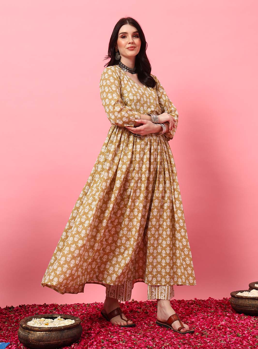 Beige Floral Angrakha Kurta Set with Round V - Neck - Mahukaa