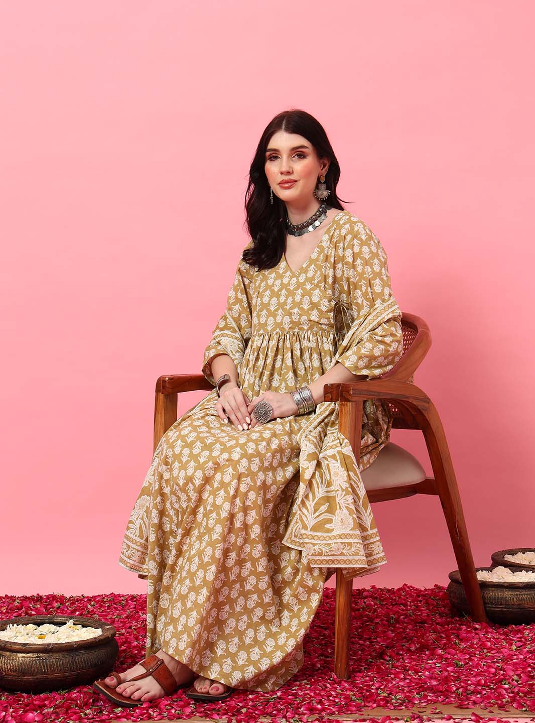 Beige Floral Angrakha Kurta Set with Round V - Neck - Mahukaa