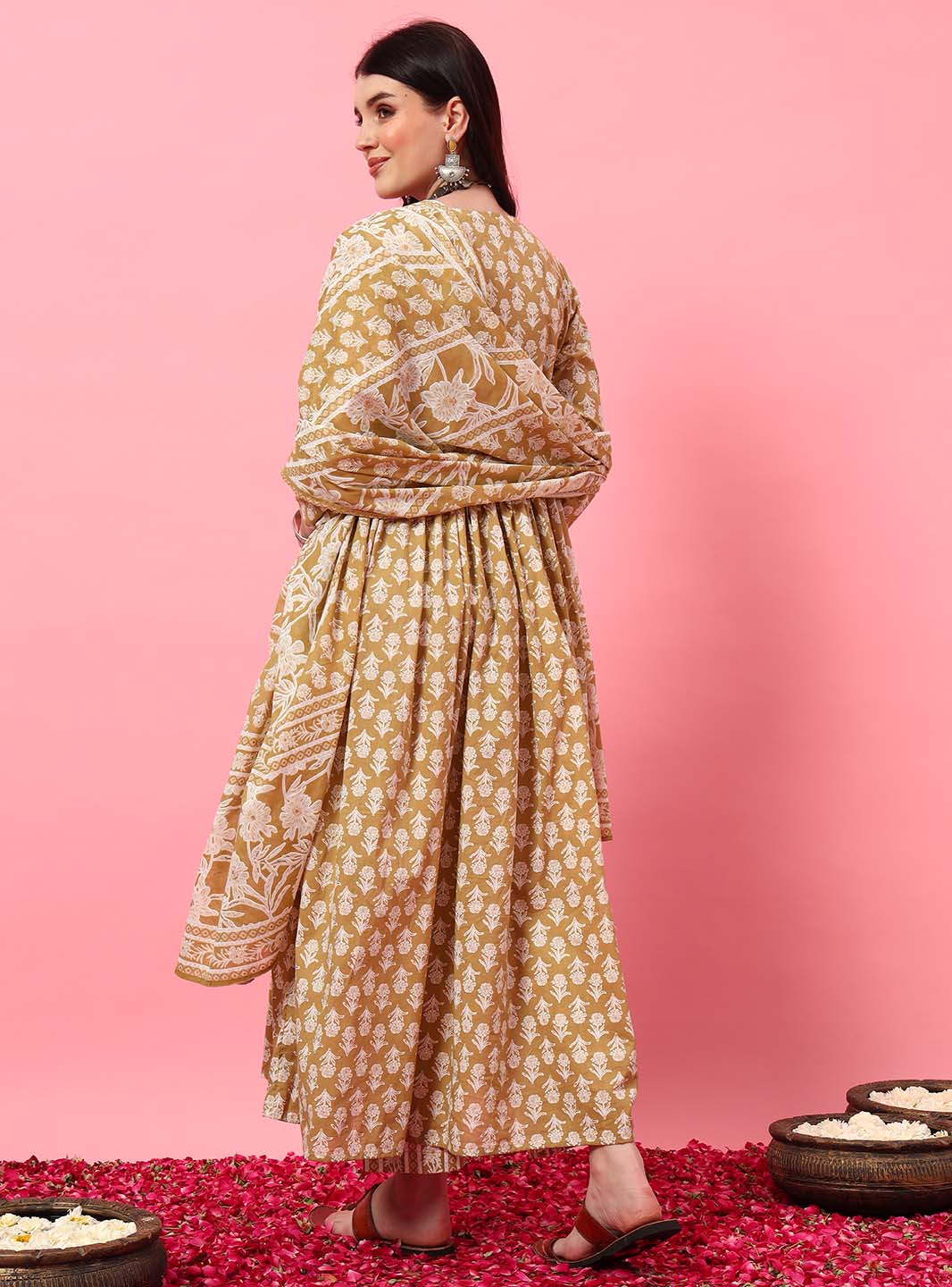 Beige Floral Angrakha Kurta Set with Round V - Neck - Mahukaa