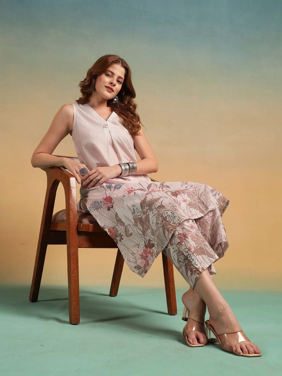 Beige Floral Placement Print A - Line Kurta Set with Round V - Neck - Mahukaa