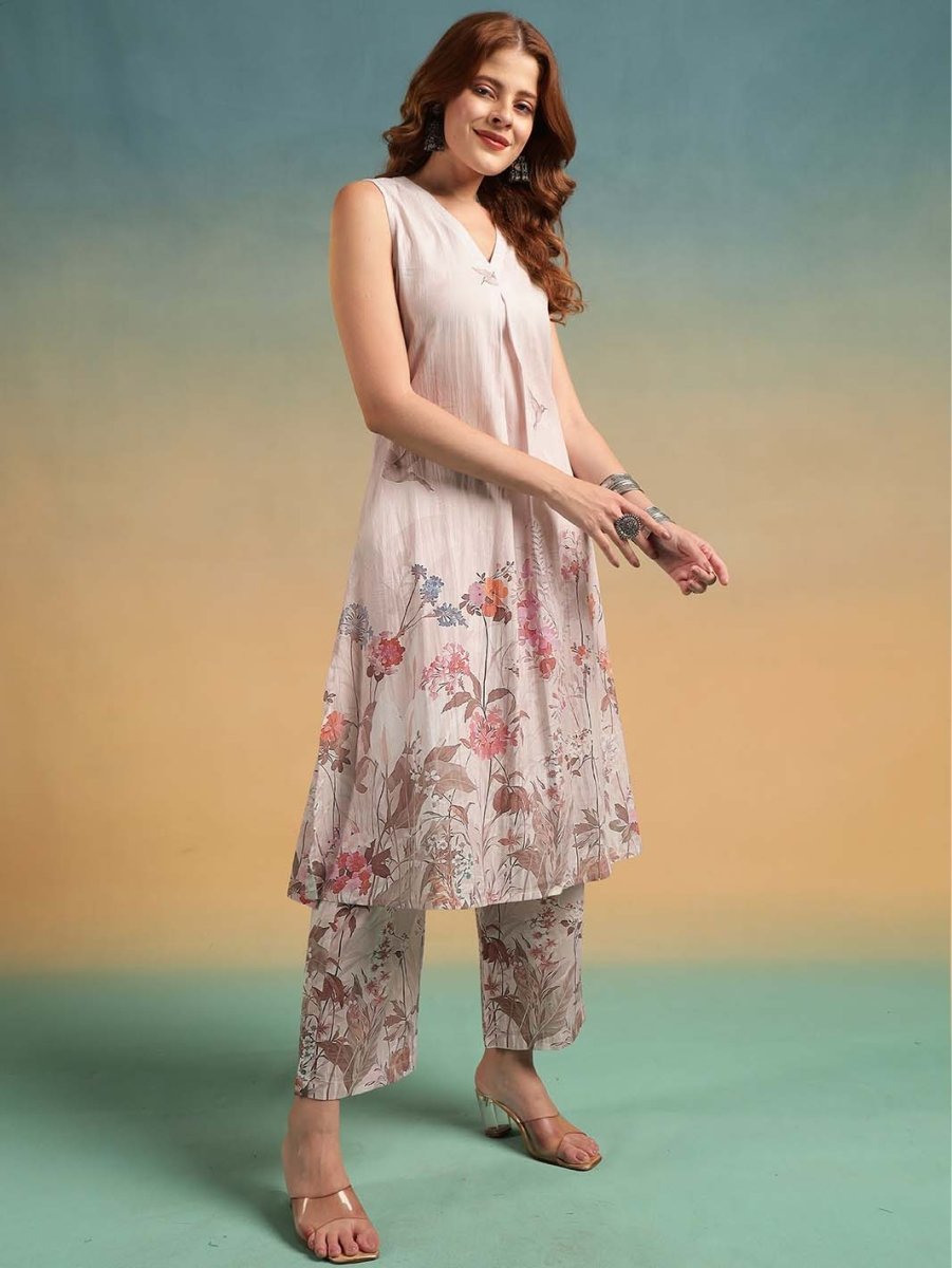 Beige Floral Placement Print A - Line Kurta Set with Round V - Neck - Mahukaa