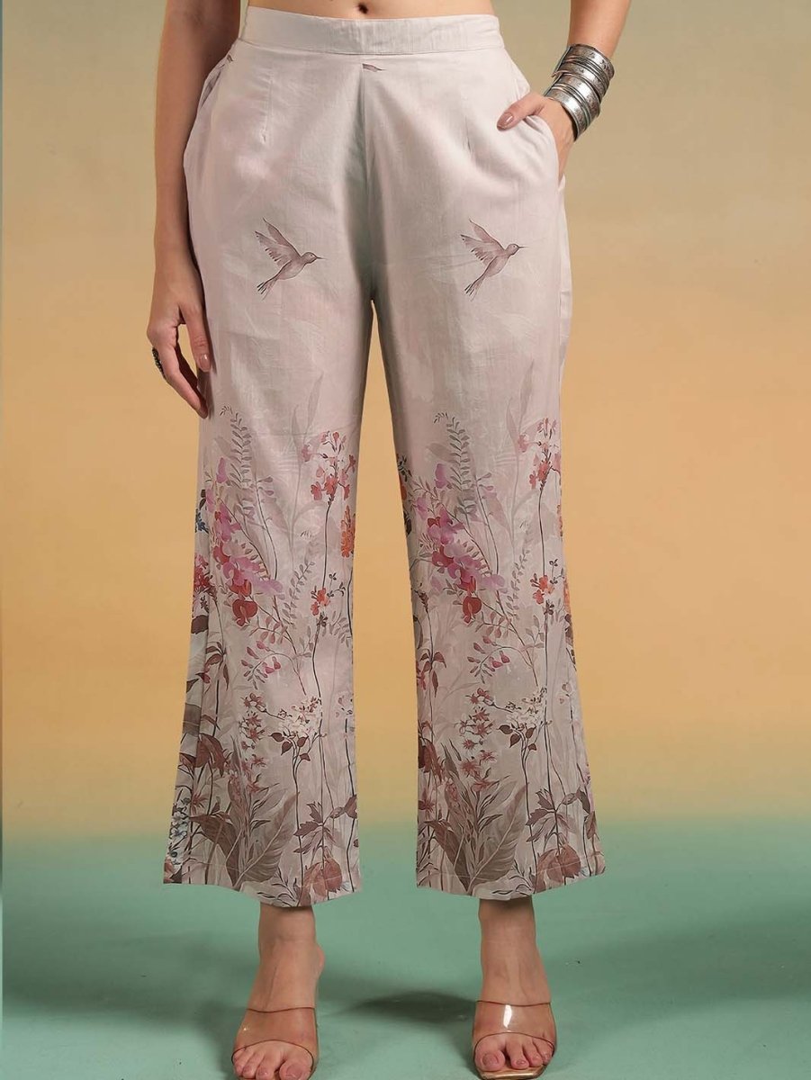 Beige Floral Placement Print A - Line Kurta Set with Round V - Neck - Mahukaa