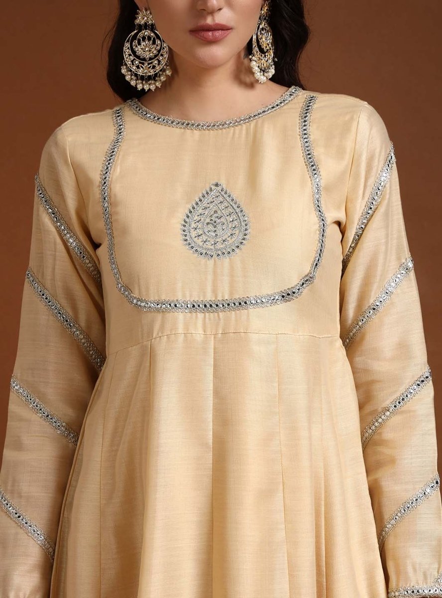 Beige Round Neck Embroidered Anarkali Set with Dupatta - Mahukaa