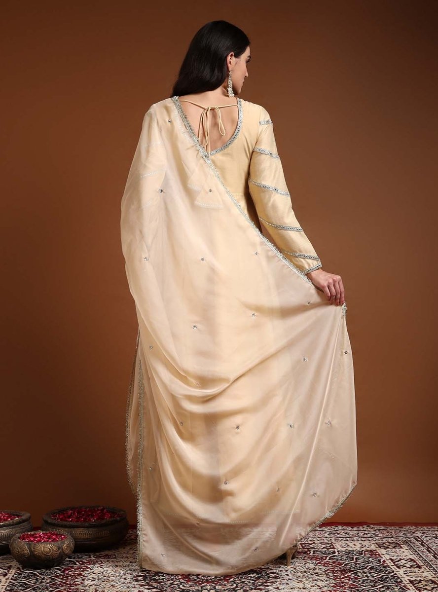 Beige Round Neck Embroidered Anarkali Set with Dupatta - Mahukaa