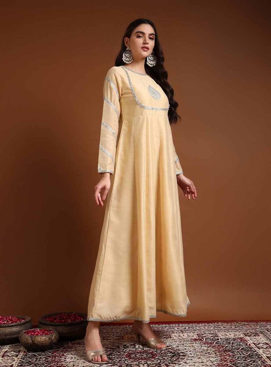 Beige Round Neck Embroidered Anarkali Set with Dupatta - Mahukaa