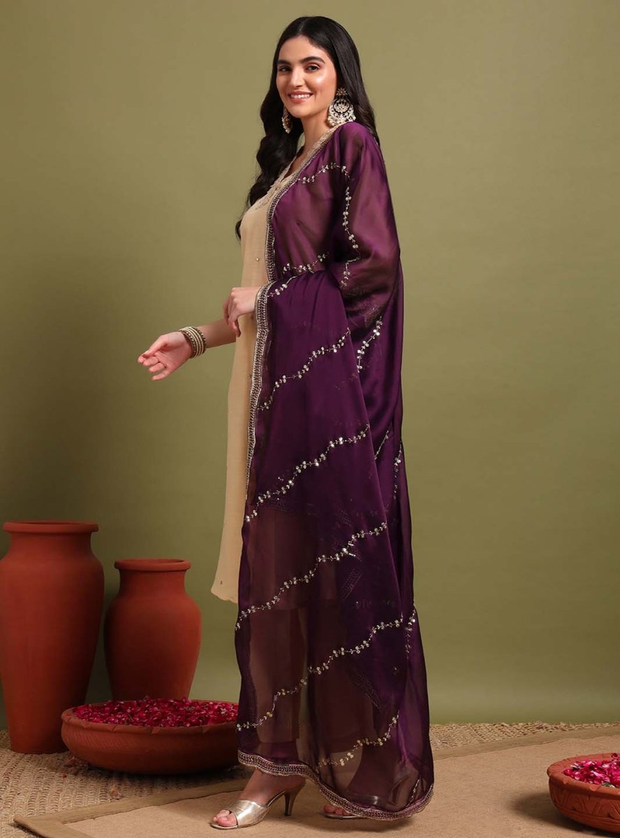 Beige V - neckline Anarkali Set with Lace Embroidery & Dupatta - Mahukaa