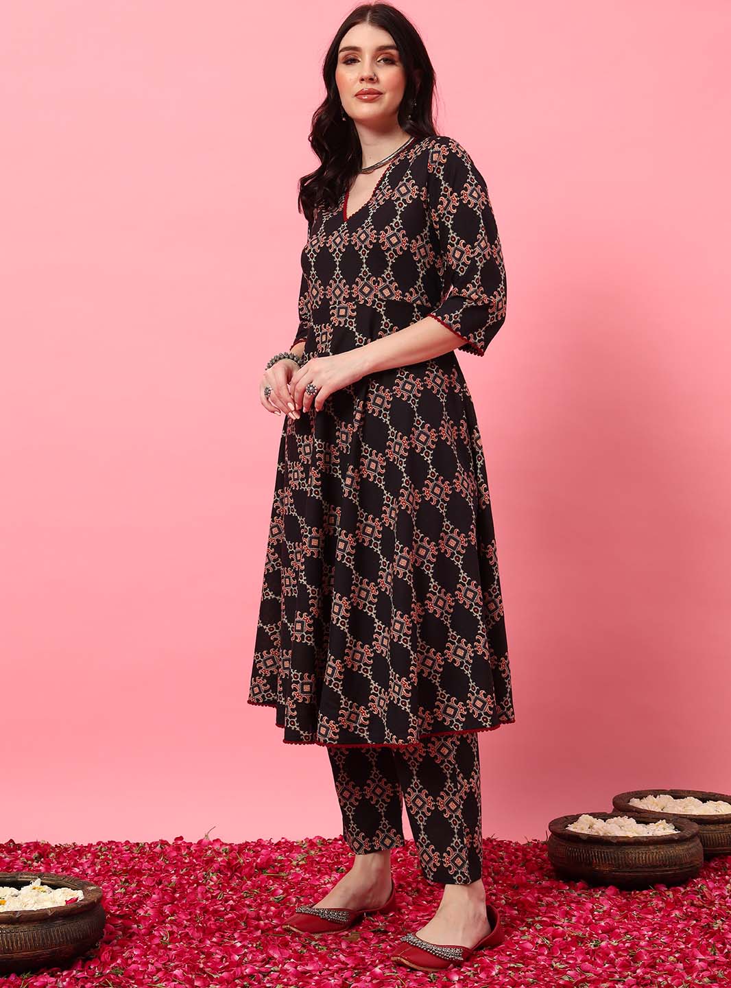 Black Ajrak Printed Anarkali Set with V - Neck - Mahukaa