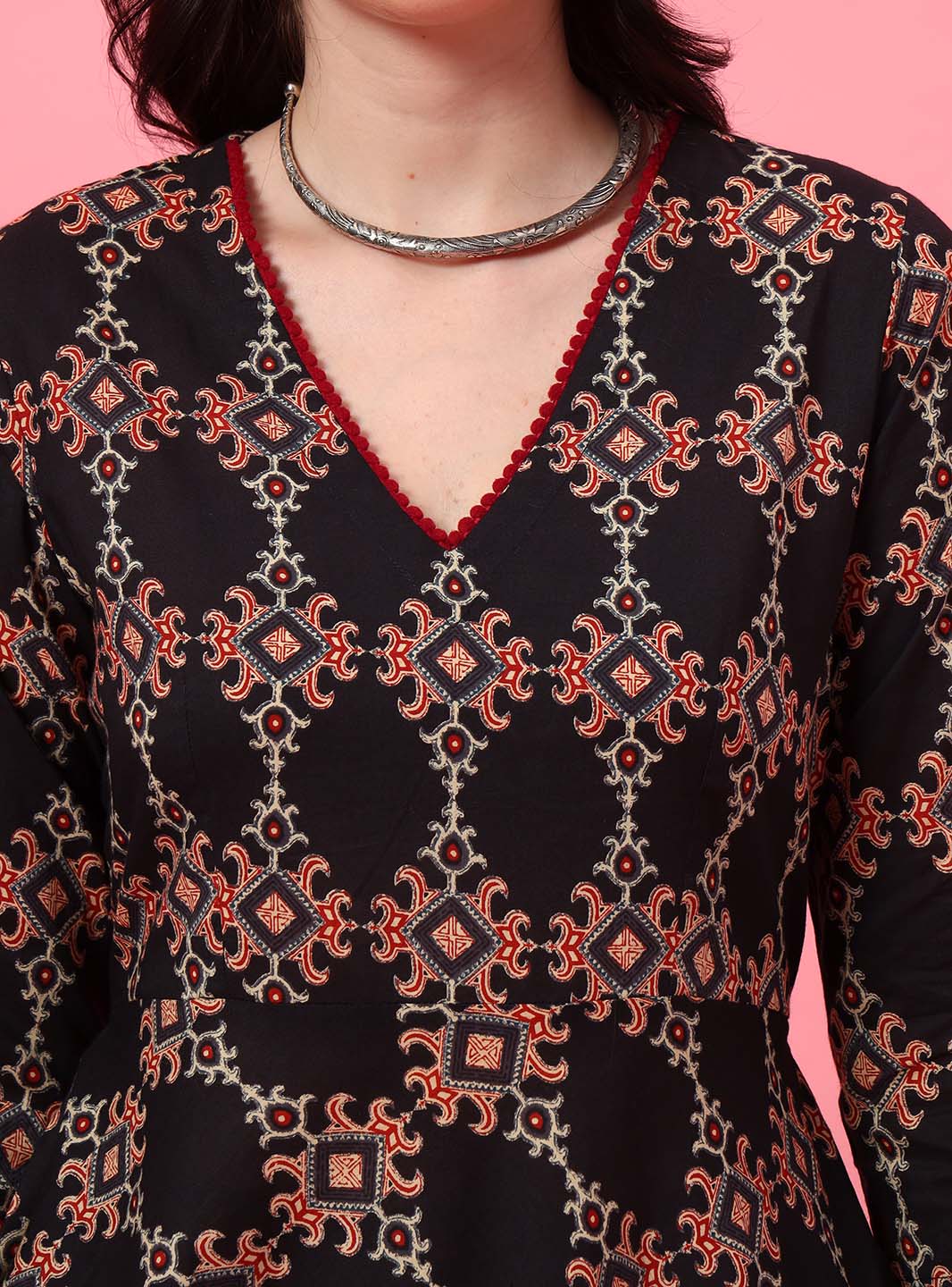 Black Ajrak Printed Anarkali Set with V - Neck - Mahukaa