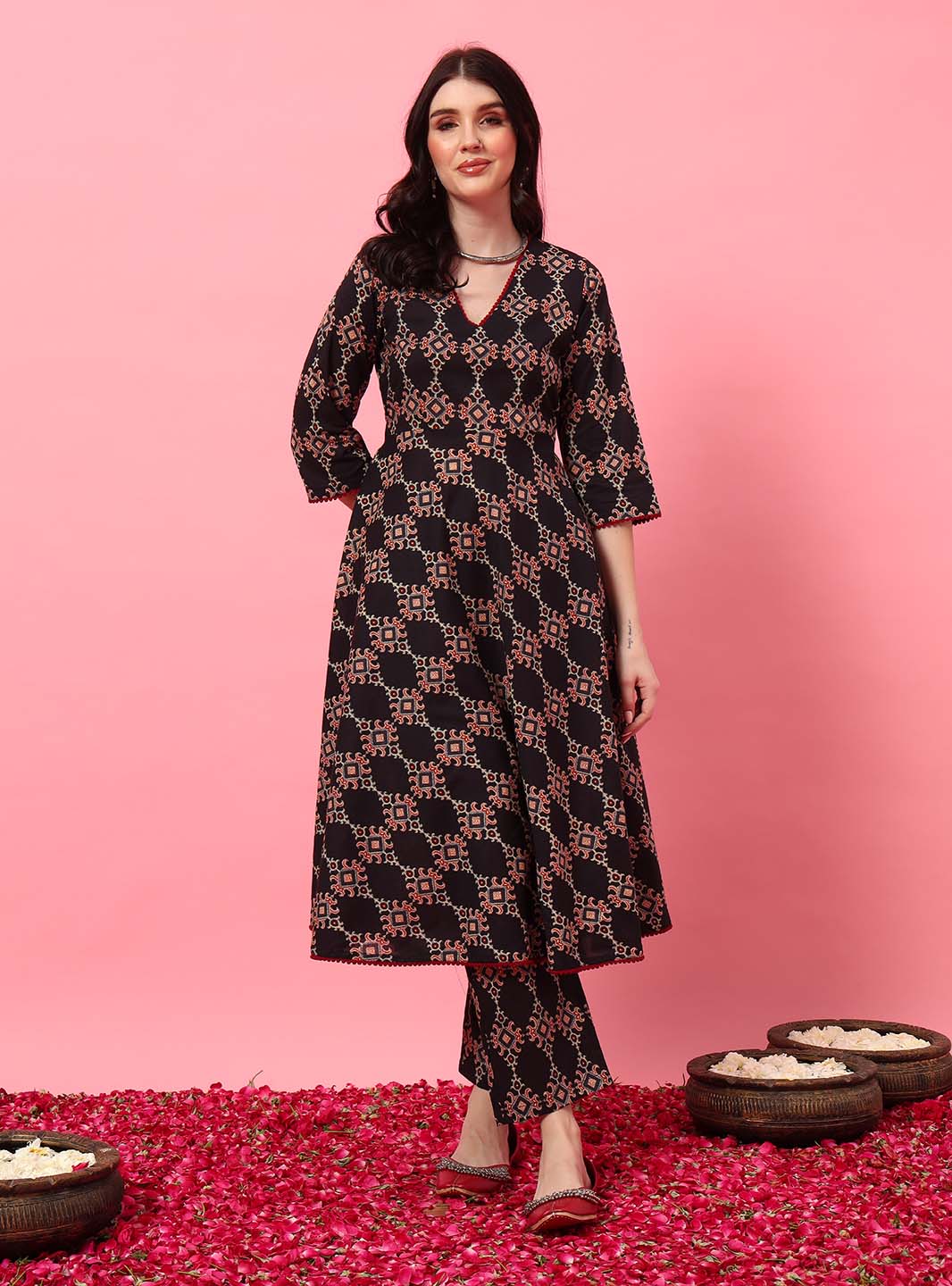 Black Ajrak Printed Anarkali Set with V - Neck - Mahukaa