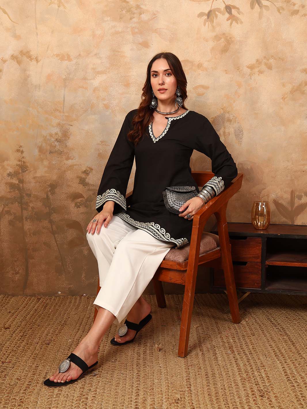 Black Embroidered A - Line Mini Flared Dress - Mahukaa