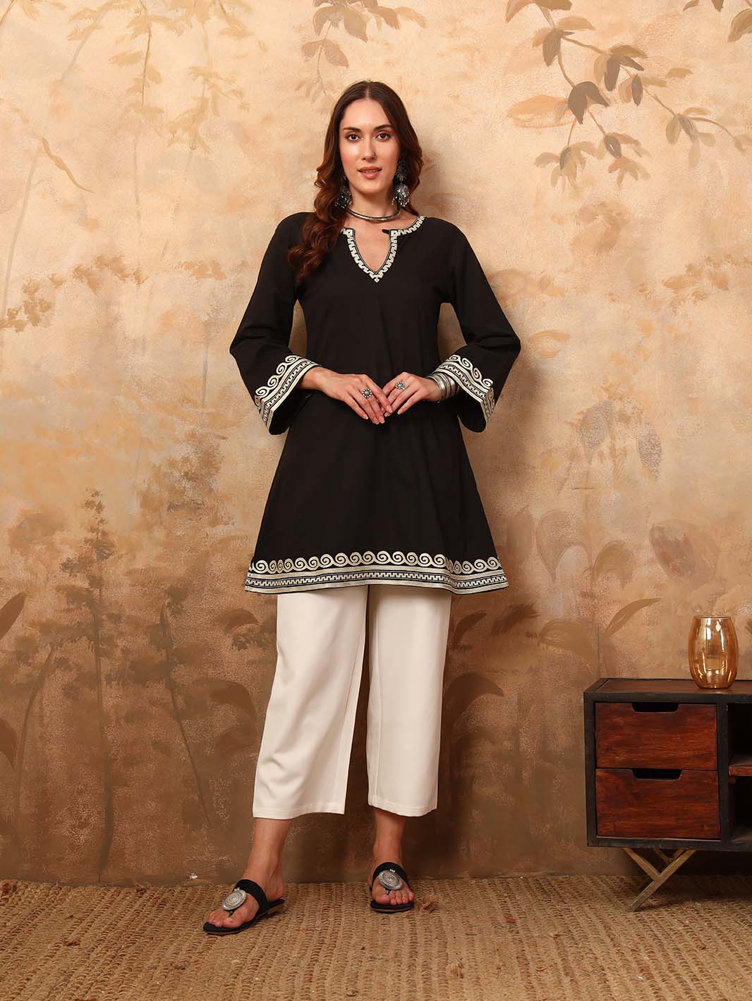 Black Embroidered A - Line Mini Flared Dress - Mahukaa