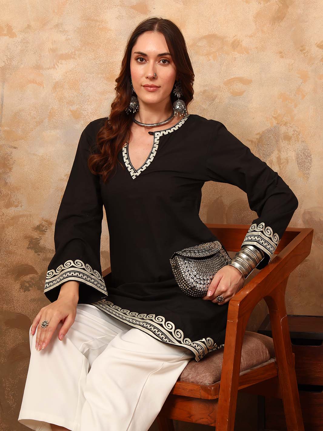 Black Embroidered A - Line Mini Flared Dress - Mahukaa