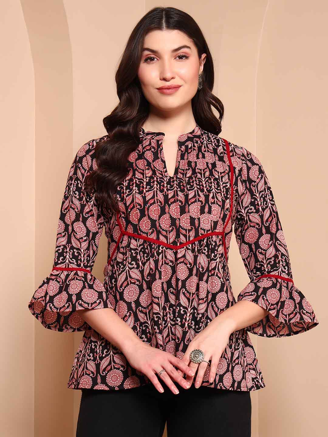 Black Floral Cotton A - Line Tunic with Mandarin Collar - Mahukaa