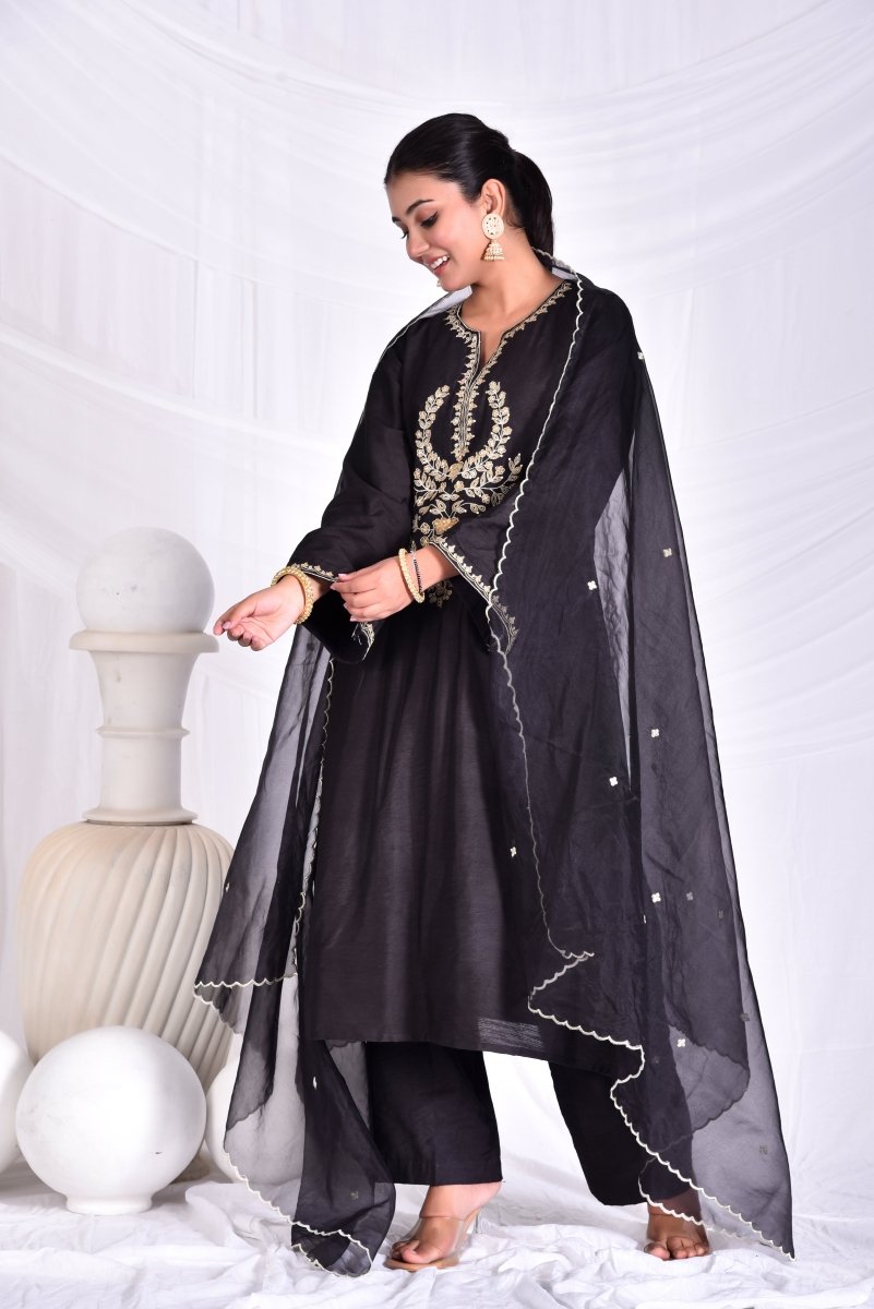 Black zari yoke embroidery kurta set with dupatta - Mahukaa