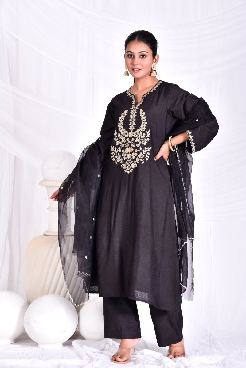 Black zari yoke embroidery kurta set with dupatta - Mahukaa
