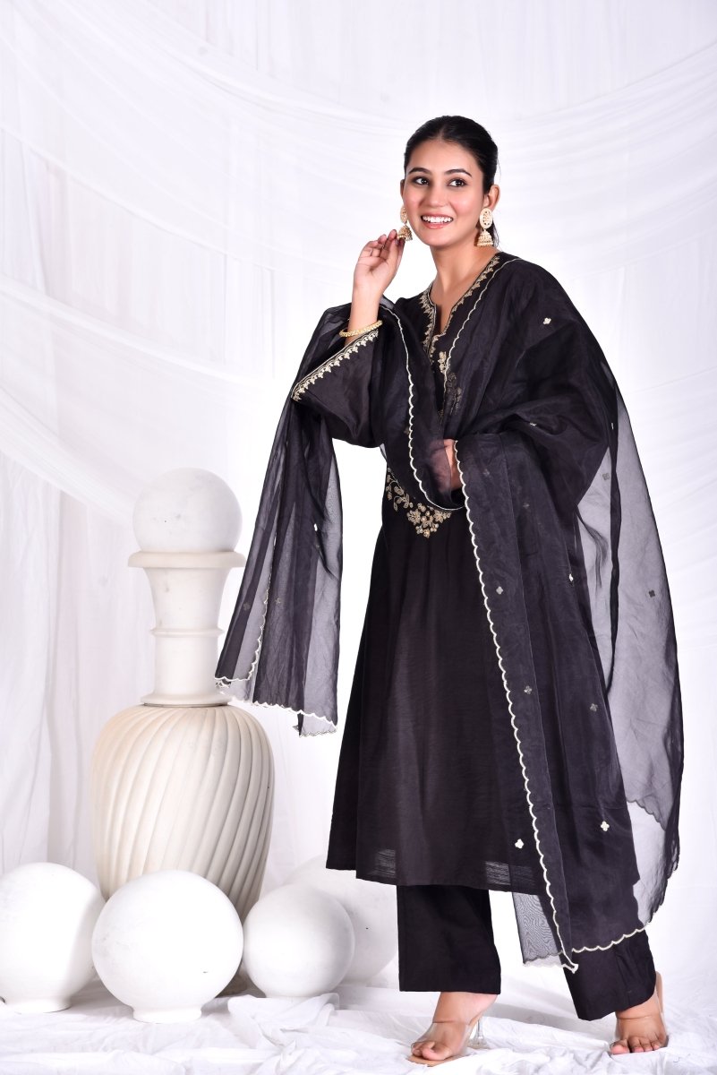 Black zari yoke embroidery kurta set with dupatta - Mahukaa