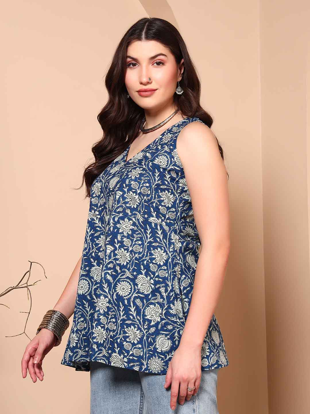 Blue Floral Print Pure Cotton Sleeveless V - Neck Tunic - Mahukaa