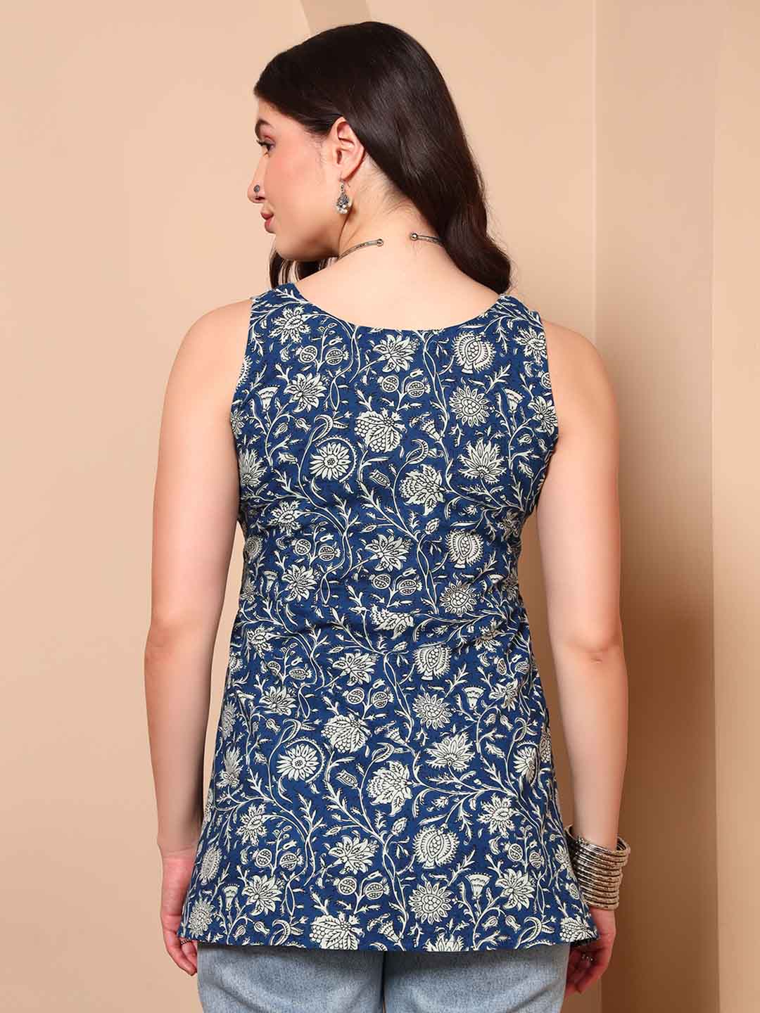 Blue Floral Print Pure Cotton Sleeveless V - Neck Tunic - Mahukaa