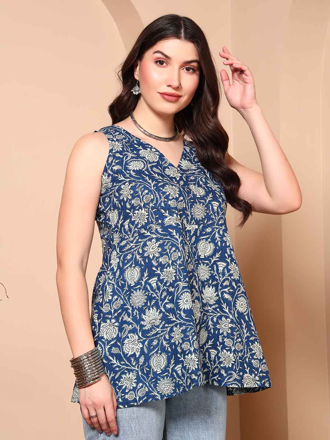 Blue Floral Print Pure Cotton Sleeveless V - Neck Tunic - Mahukaa