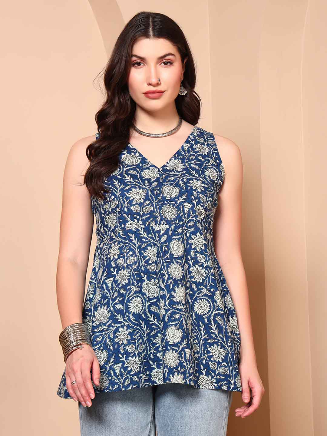 Blue Floral Print Pure Cotton Sleeveless V - Neck Tunic - Mahukaa
