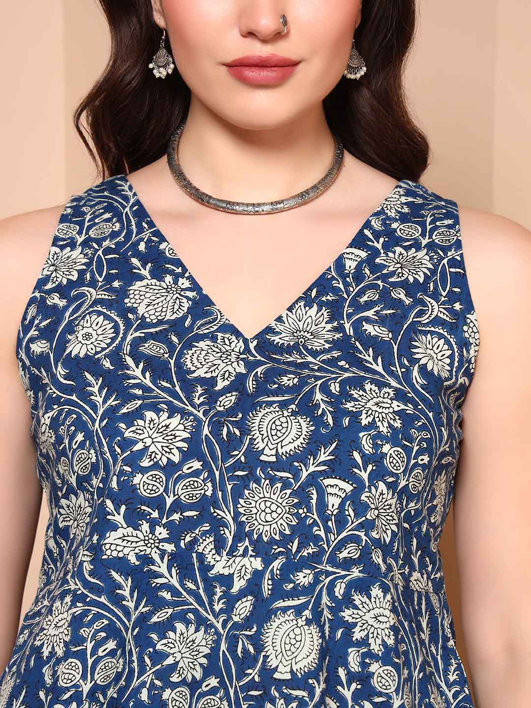 Blue Floral Print Pure Cotton Sleeveless V - Neck Tunic - Mahukaa