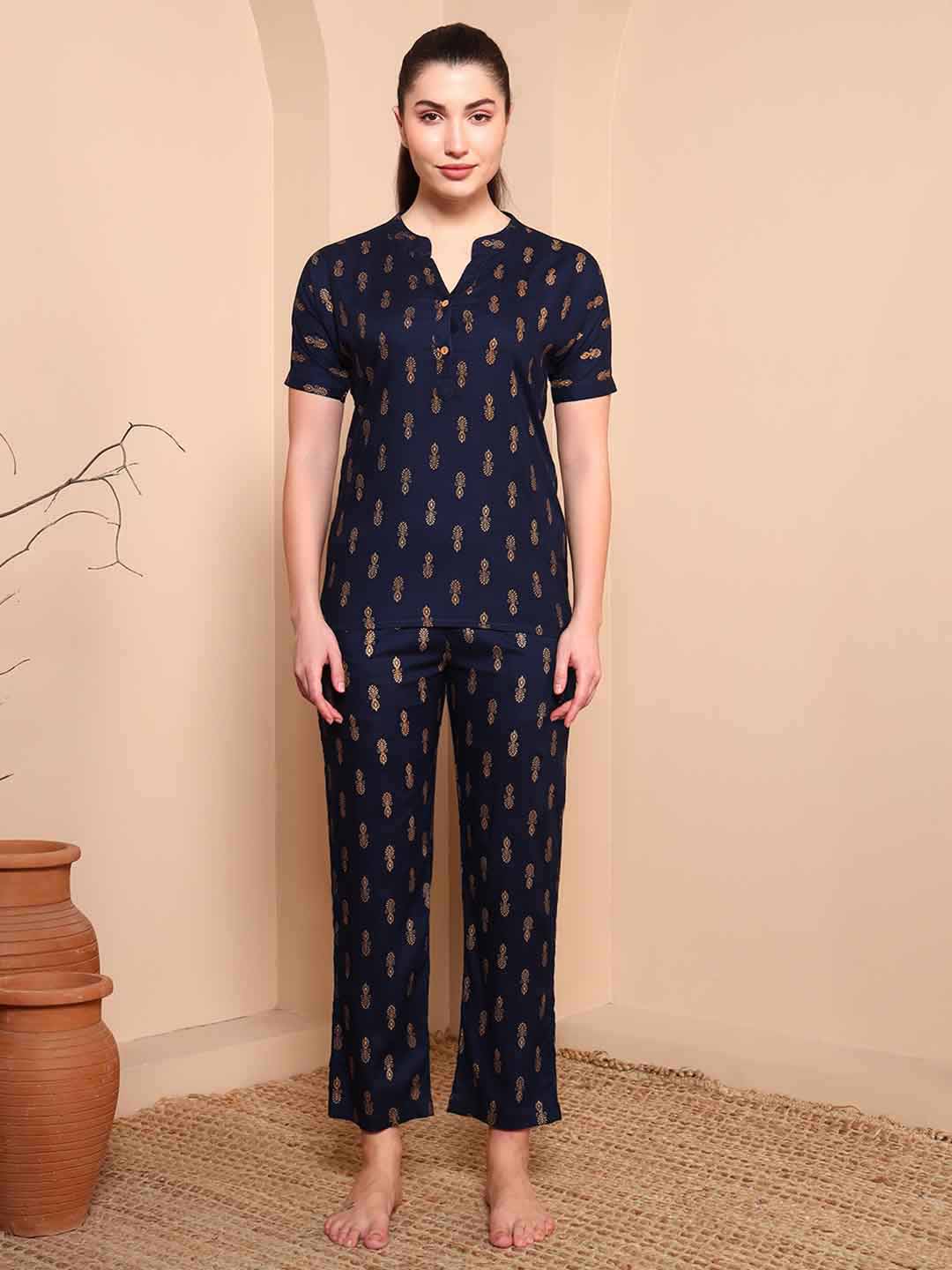 Blue & Gold Foil Print Night Suit with Mandarin Collar - Mahukaa