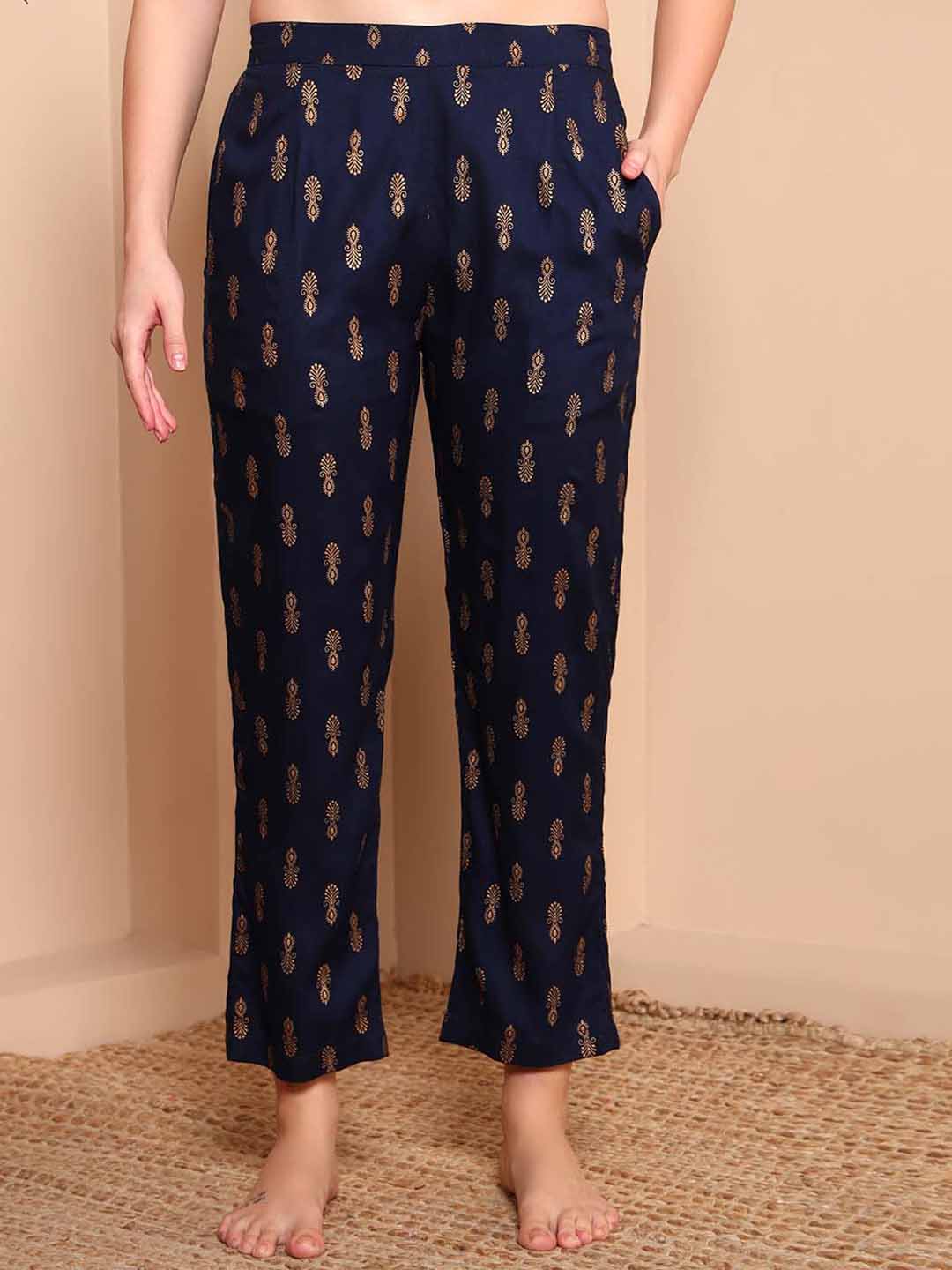 Blue & Gold Foil Print Night Suit with Mandarin Collar - Mahukaa