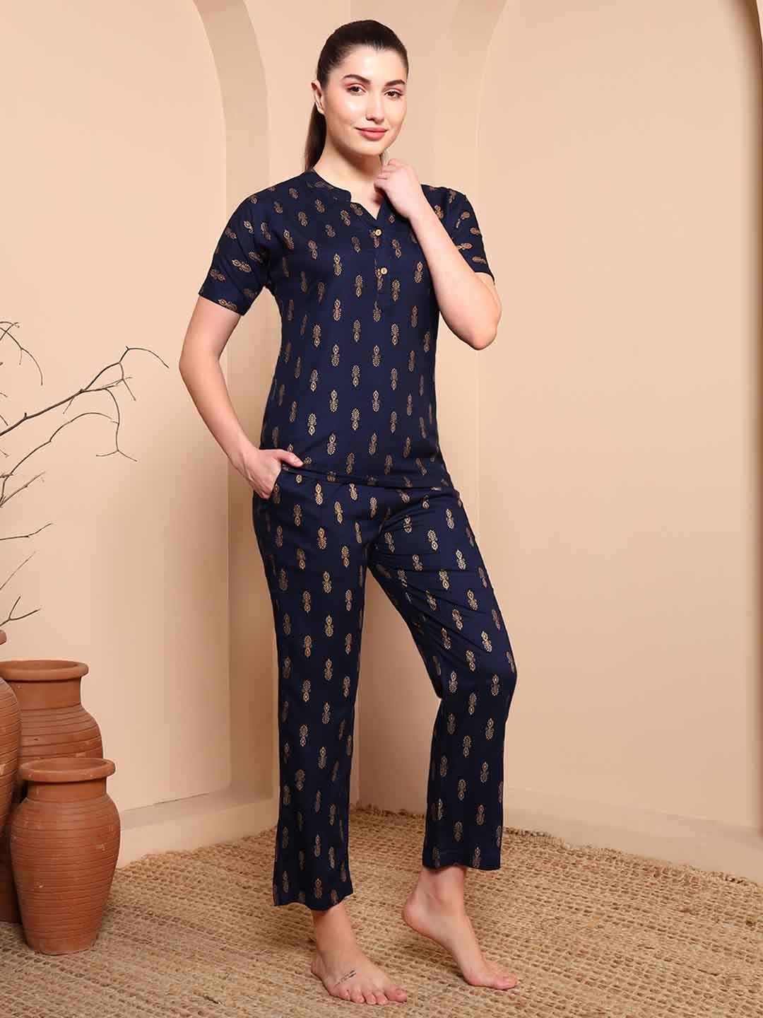 Blue & Gold Foil Print Night Suit with Mandarin Collar - Mahukaa