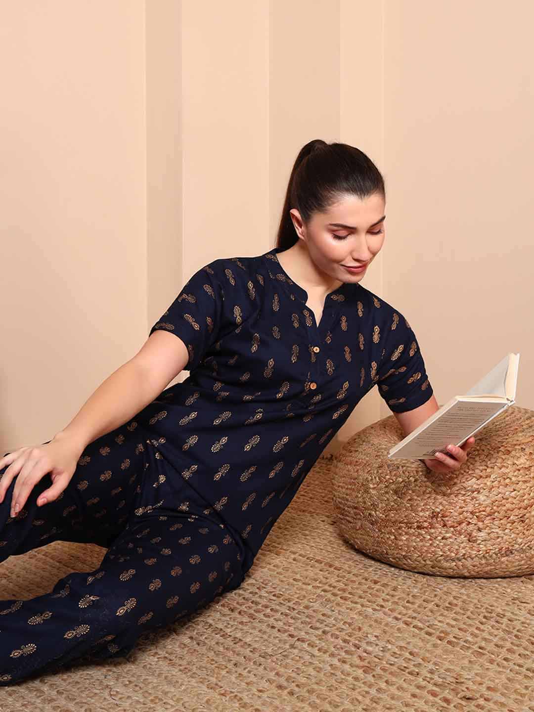 Blue & Gold Foil Print Night Suit with Mandarin Collar - Mahukaa