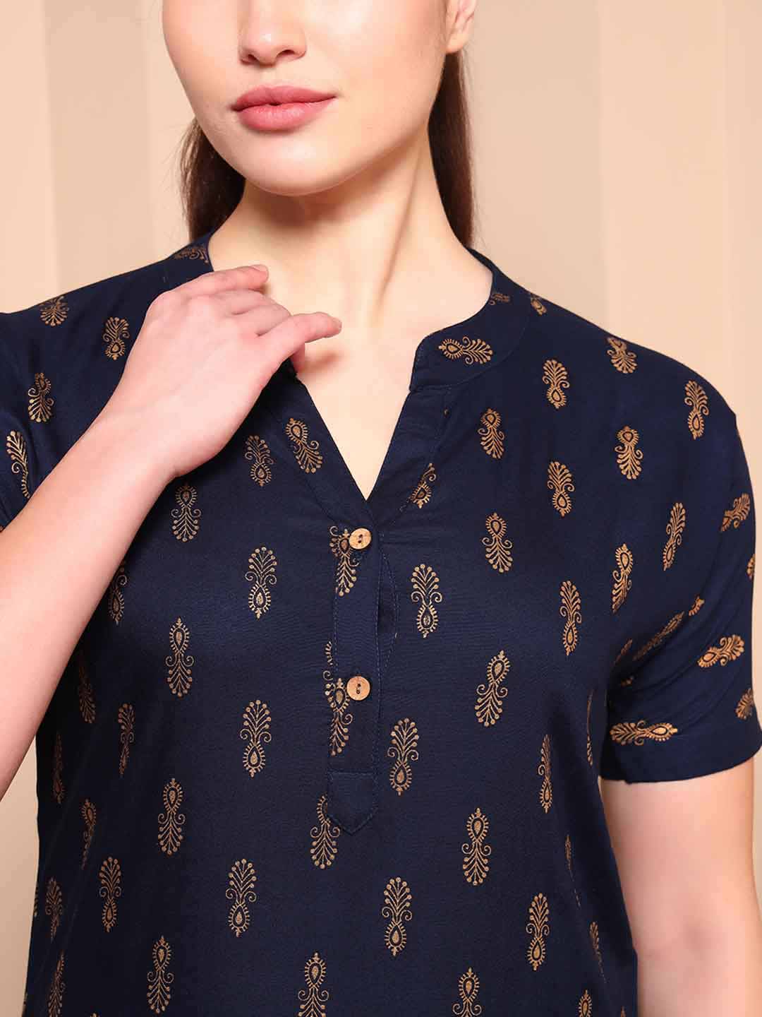Blue & Gold Foil Print Night Suit with Mandarin Collar - Mahukaa