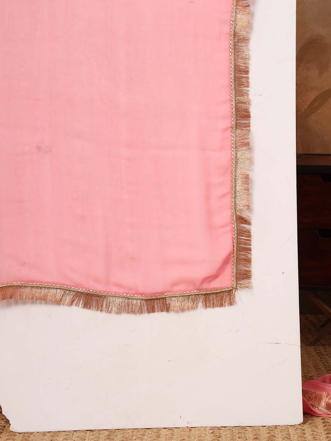 Blush Pink Strap Georgette Anarkali Set with Fringed Dupatta - Mahukaa