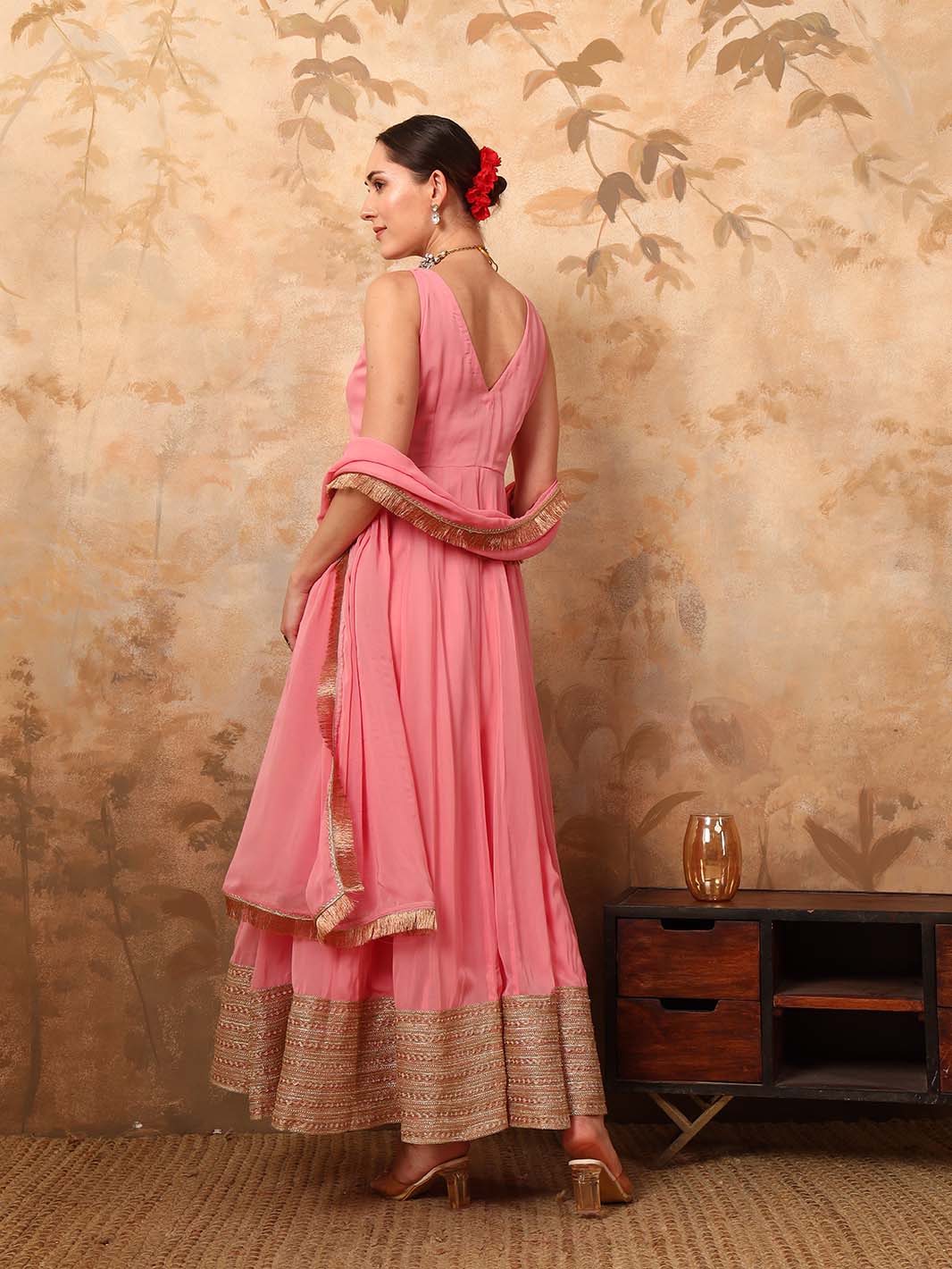 Blush Pink Strap Georgette Anarkali Set with Fringed Dupatta - Mahukaa