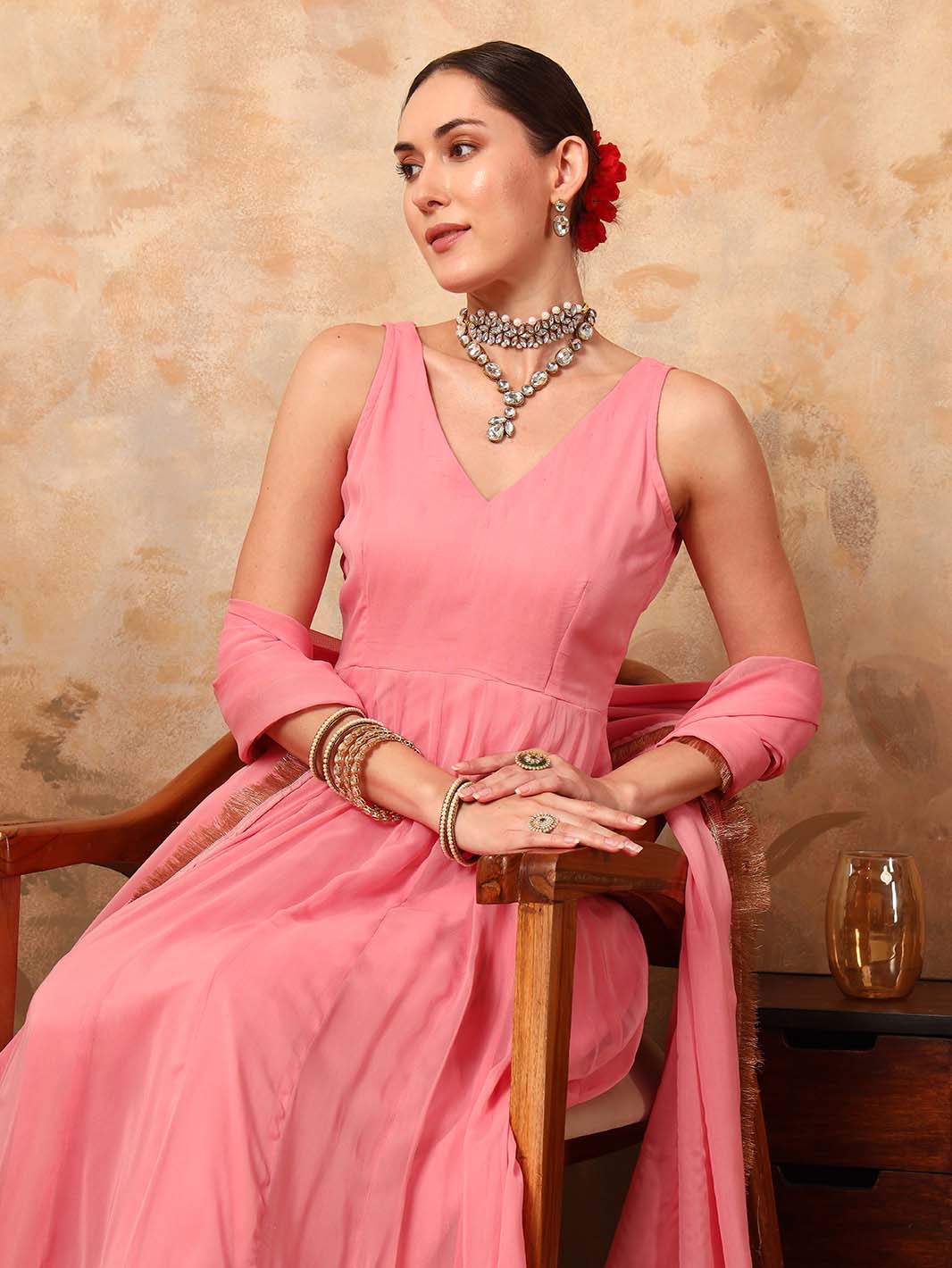 Blush Pink Strap Georgette Anarkali Set with Fringed Dupatta - Mahukaa