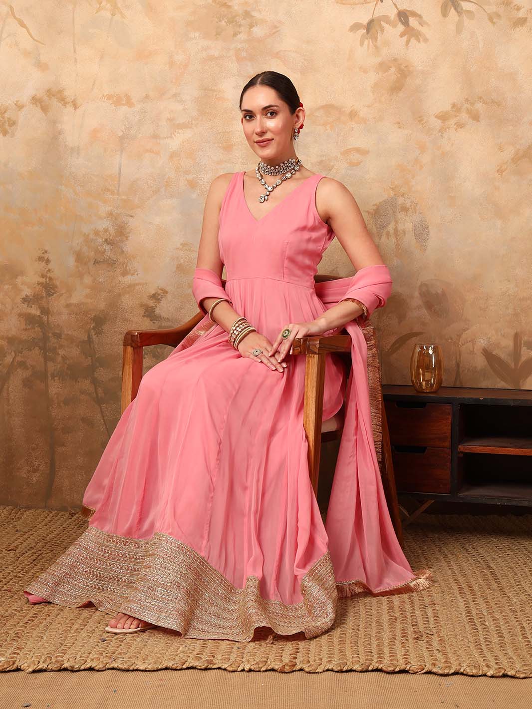 Blush Pink Strap Georgette Anarkali Set with Fringed Dupatta - Mahukaa