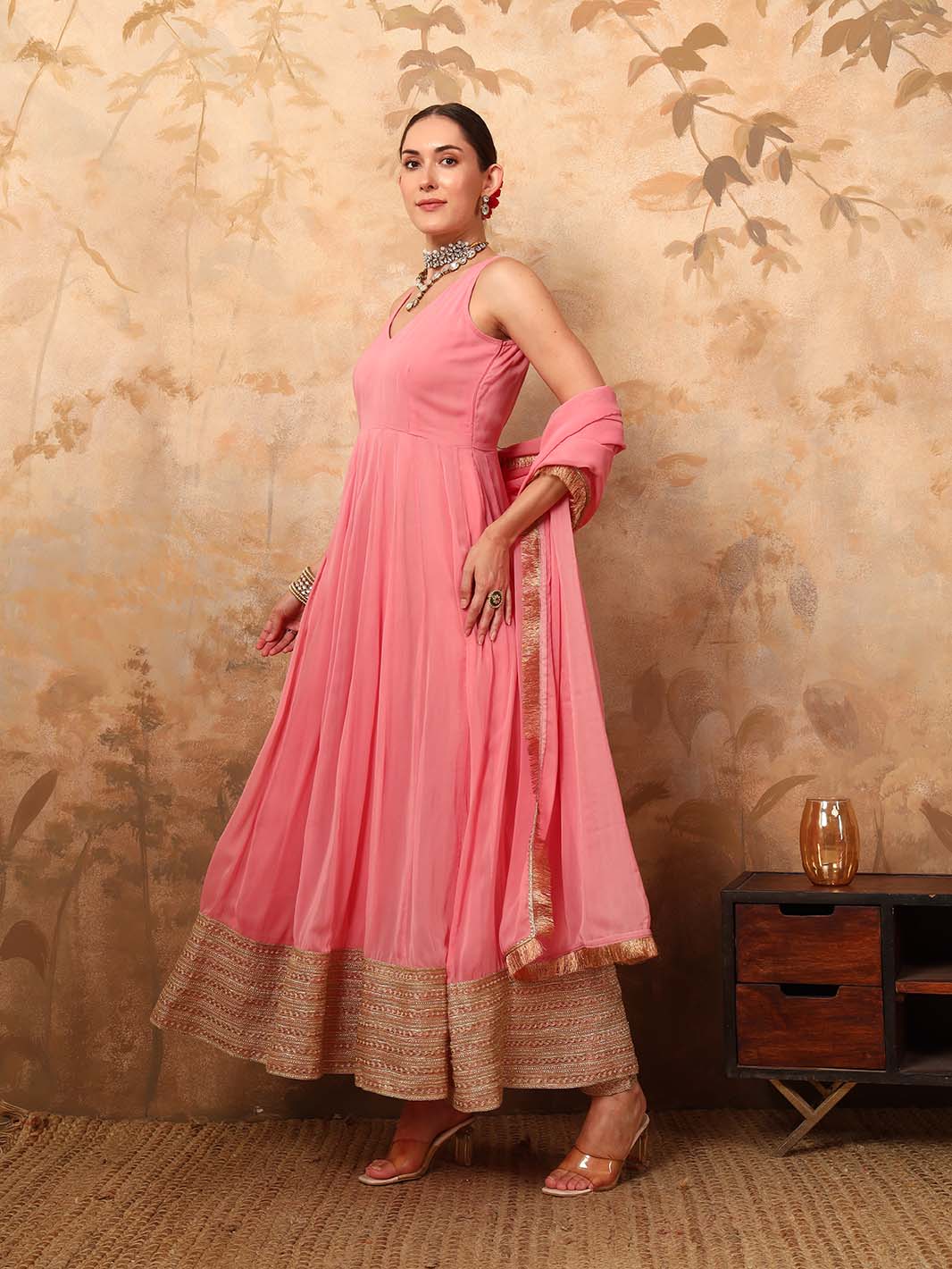 Blush Pink Strap Georgette Anarkali Set with Fringed Dupatta - Mahukaa