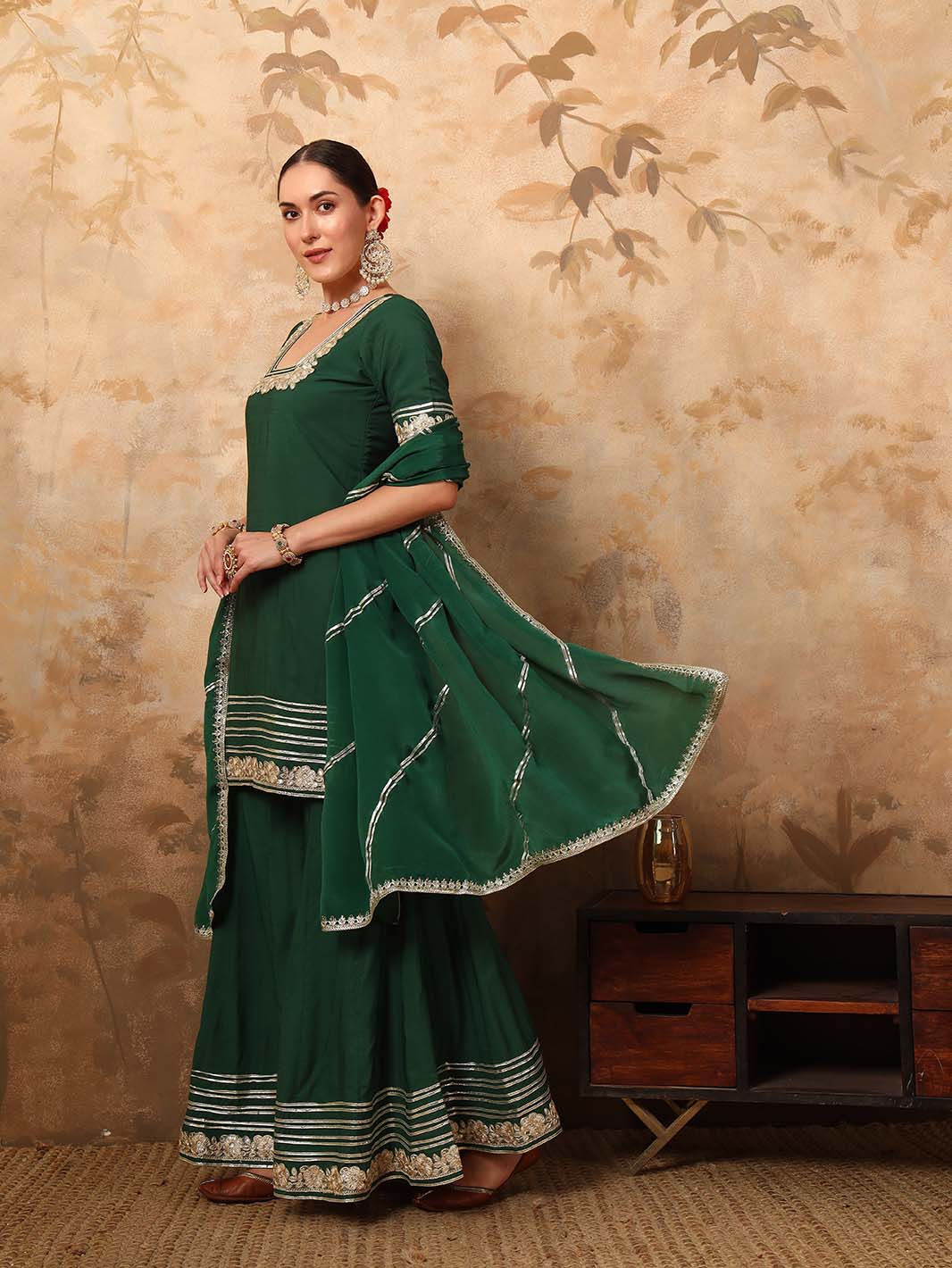 Bottle Green Gota Detailed Kurta Sharara Set with Dupatta - Mahukaa