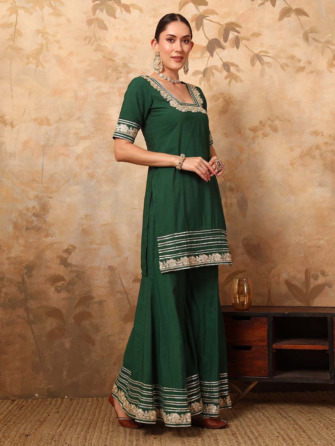 Bottle Green Gota Detailed Kurta Sharara Set with Dupatta - Mahukaa