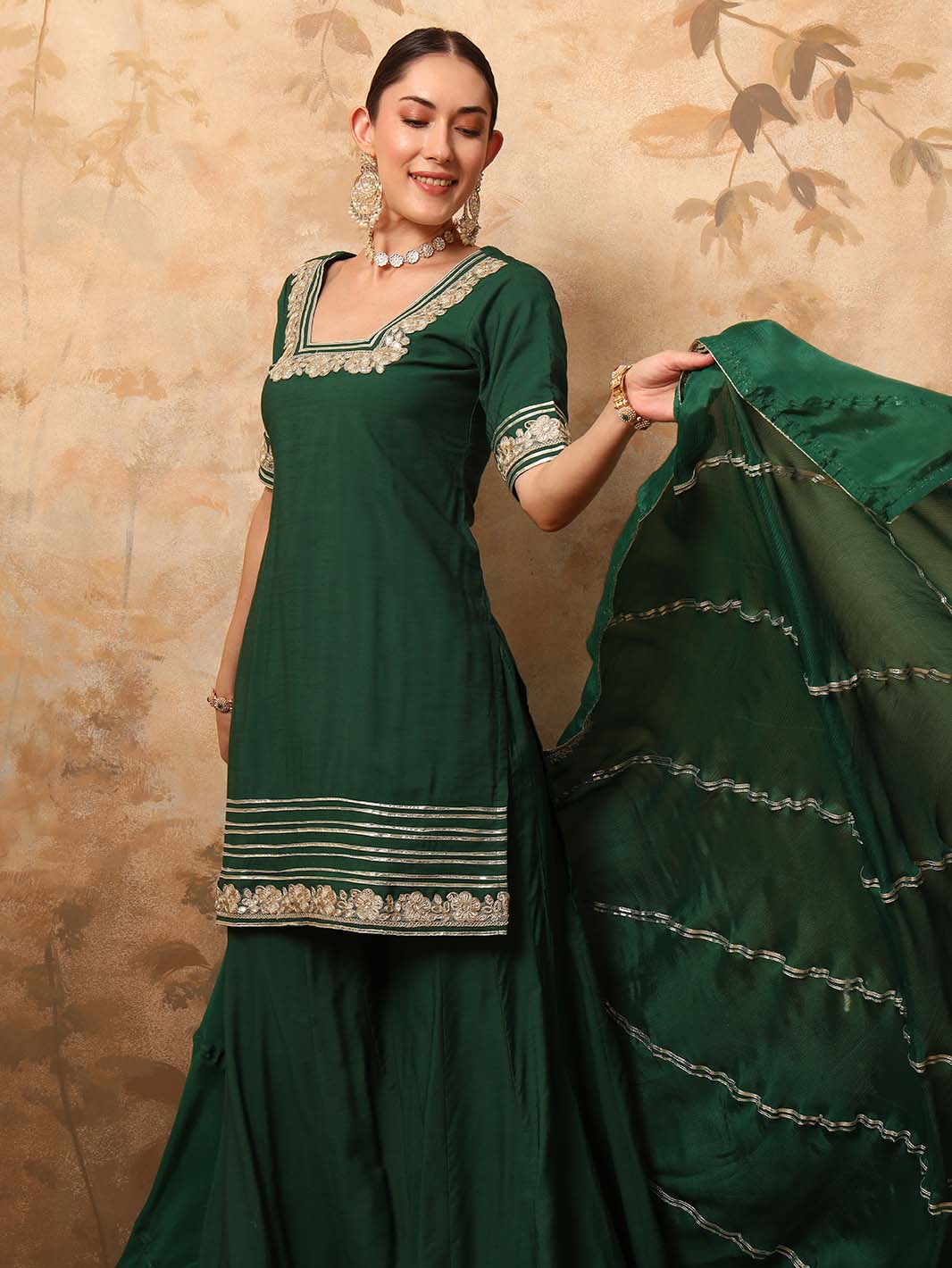 Bottle Green Gota Detailed Kurta Sharara Set with Dupatta - Mahukaa