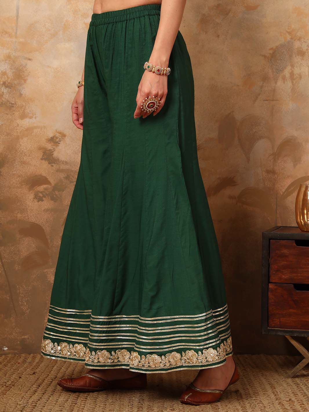 Bottle Green Gota Detailed Kurta Sharara Set with Dupatta - Mahukaa
